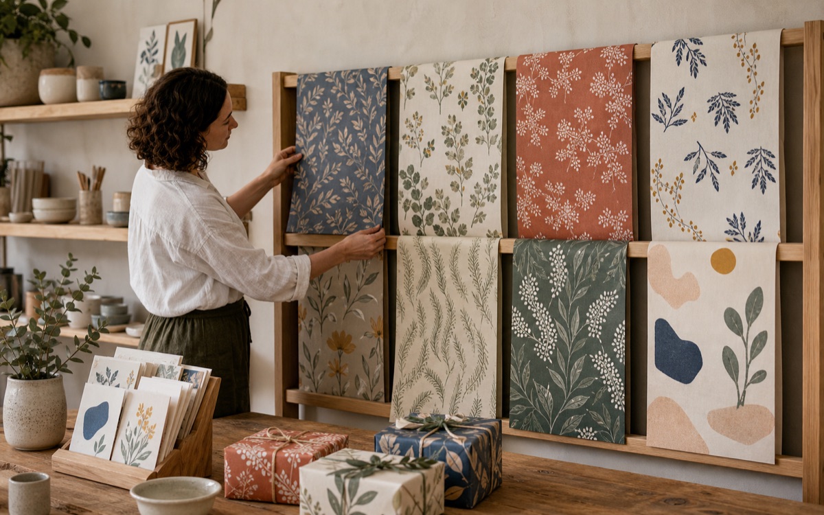 Independent shop displaying illustrated recycled wrapping-paper sheets on wooden rails