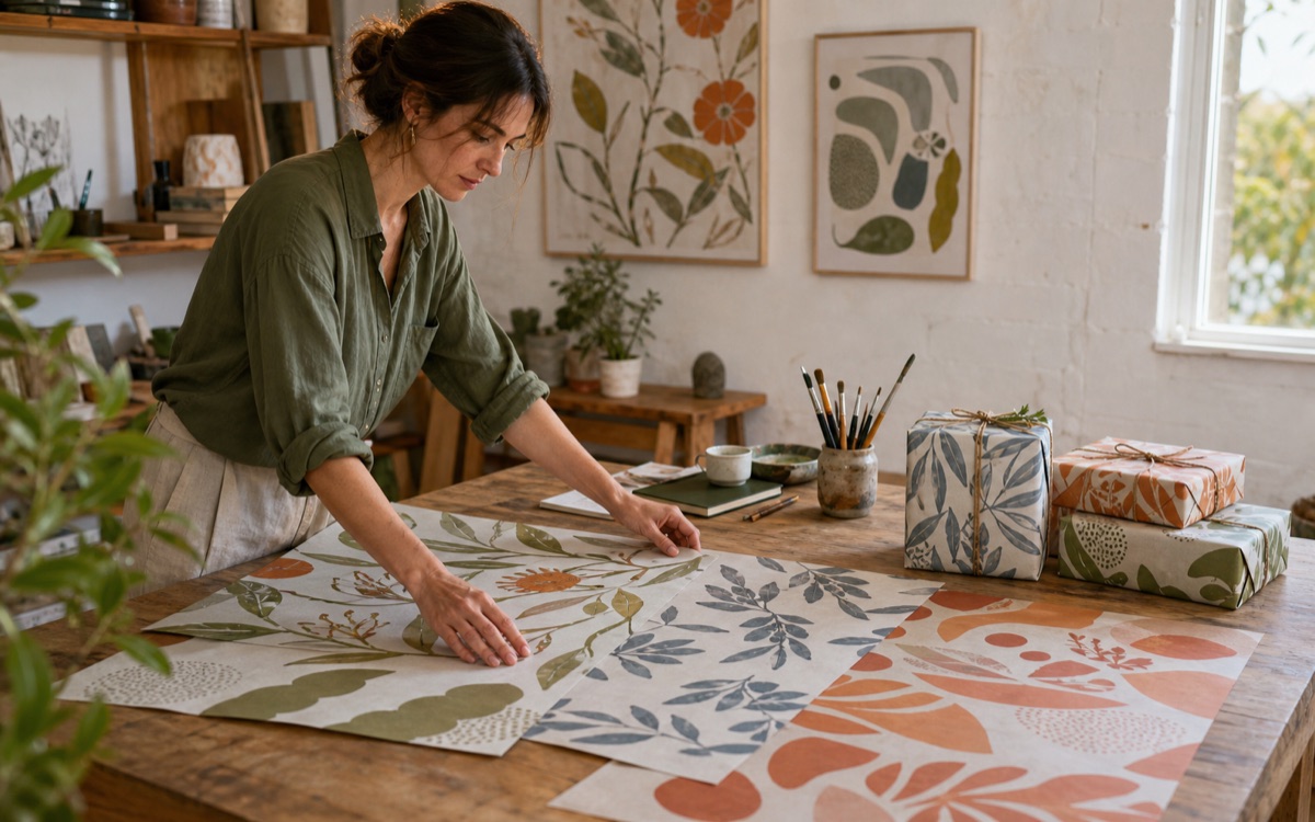 Artist arranging a collection of illustrated recycled wrapping-paper sheets in a studio