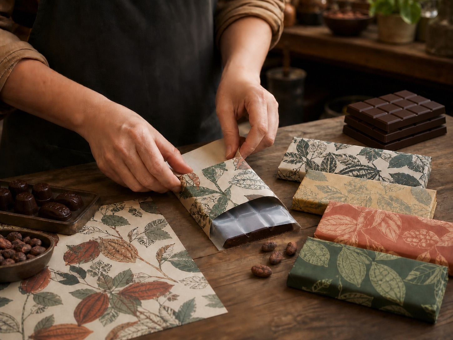 Chocolatier folding a small custom printed recycled-paper outer wrap around a food-safe inner-wrapped chocolate bar, with a stack of unwrapped chocolate bars ready nearby