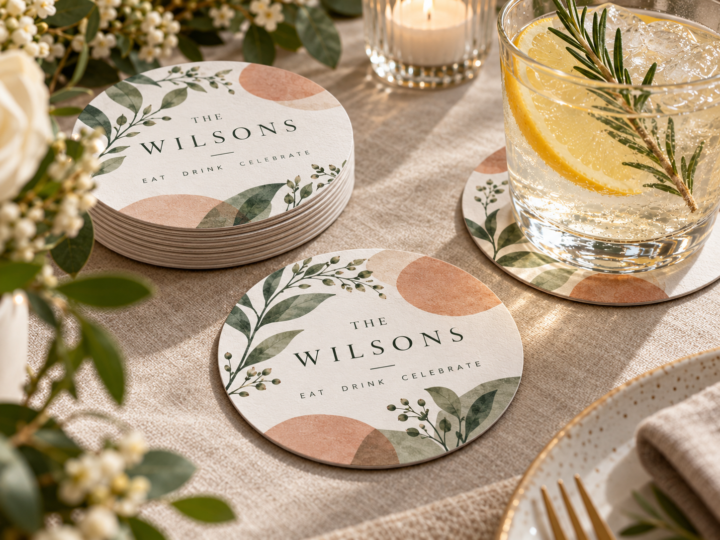 Round custom printed coasters on white recycled coasterboard in restrained earthy colours