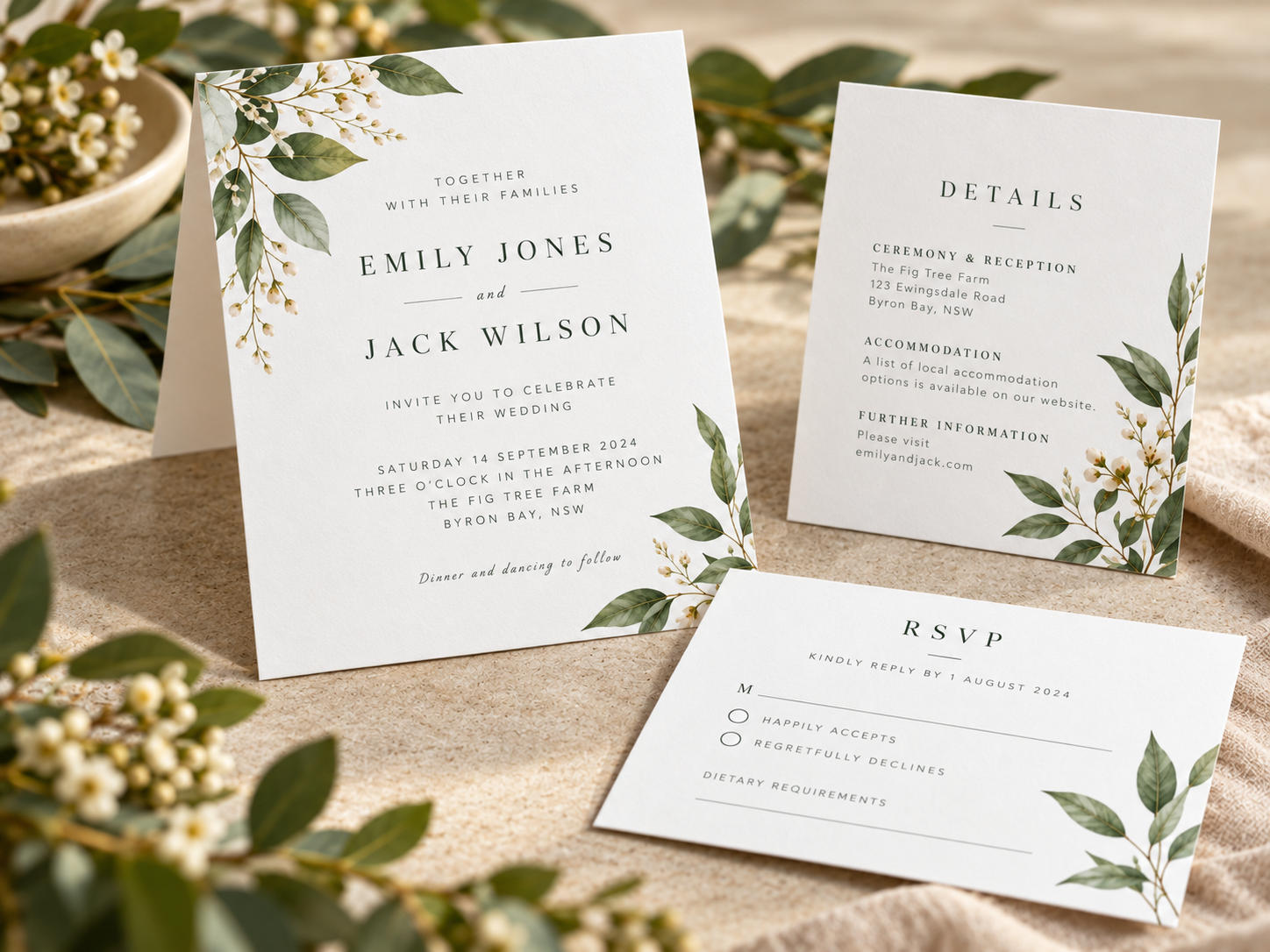 Elegant envelope-free wedding stationery on white recycled uncoated stock in restrained earthy colours